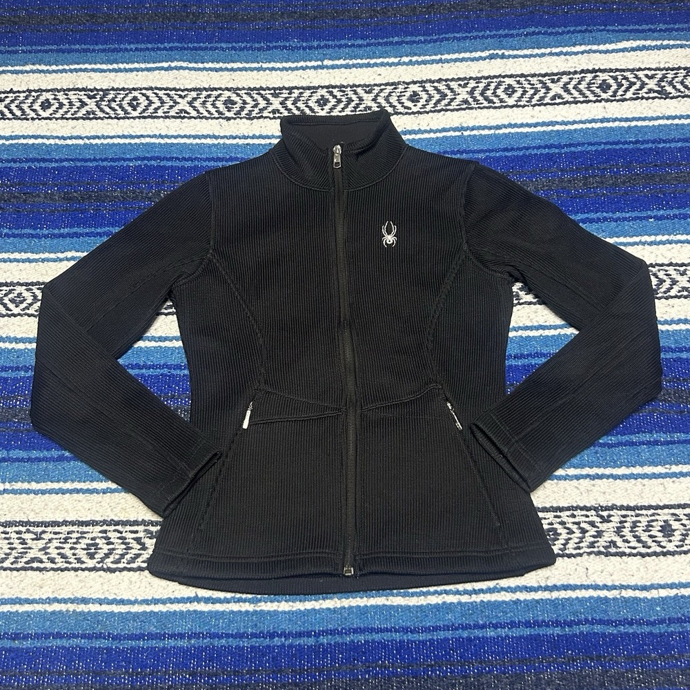 Spyder Womens Small Black Full Zip Ribbed Sweater Fleece Jacket Ski Outdoor